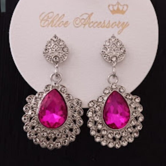 CHLOE ACCESSORY Glamorous Silver Fuchsia/Clear Crystal Pear Shaped Drop Earrings - Picture 3 of 4